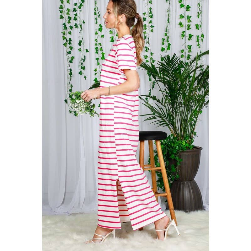 Striped Short Sleeve Maxi Dress with Side Slit