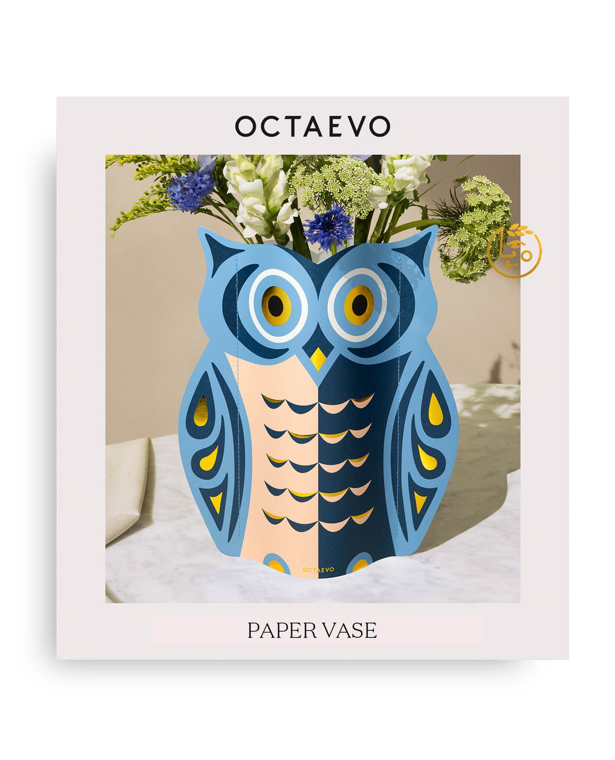 Owl Paper Vase | Blue, Peach &amp; Gold | Fall Christmas &amp; Luck