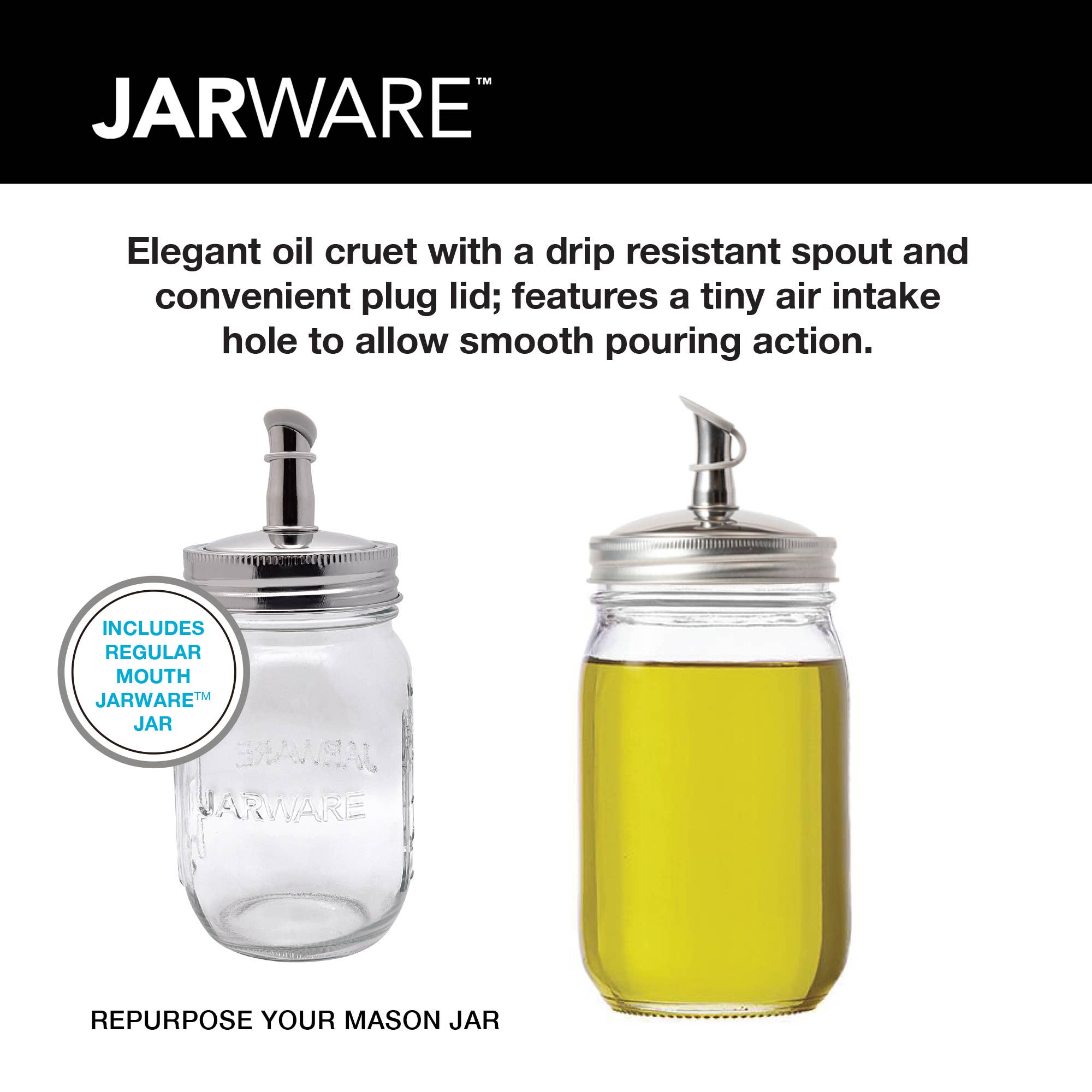 Jarware Glass Mason Jar and Oil Cruet Lid