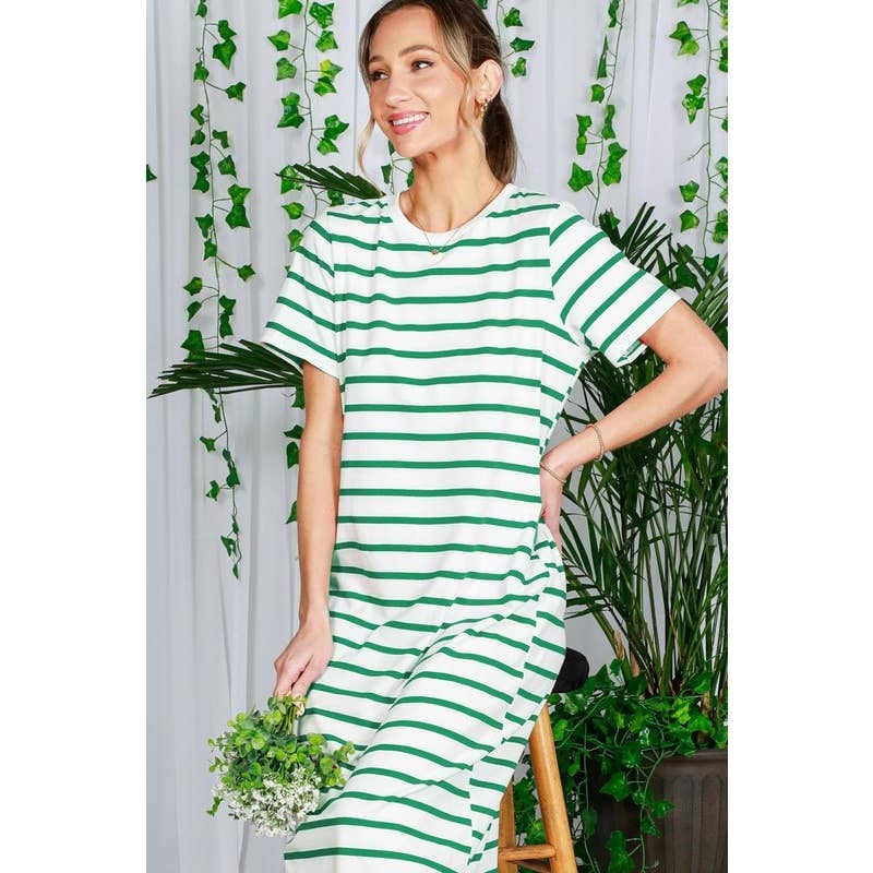 Striped Short Sleeve Maxi Dress with Side Slit