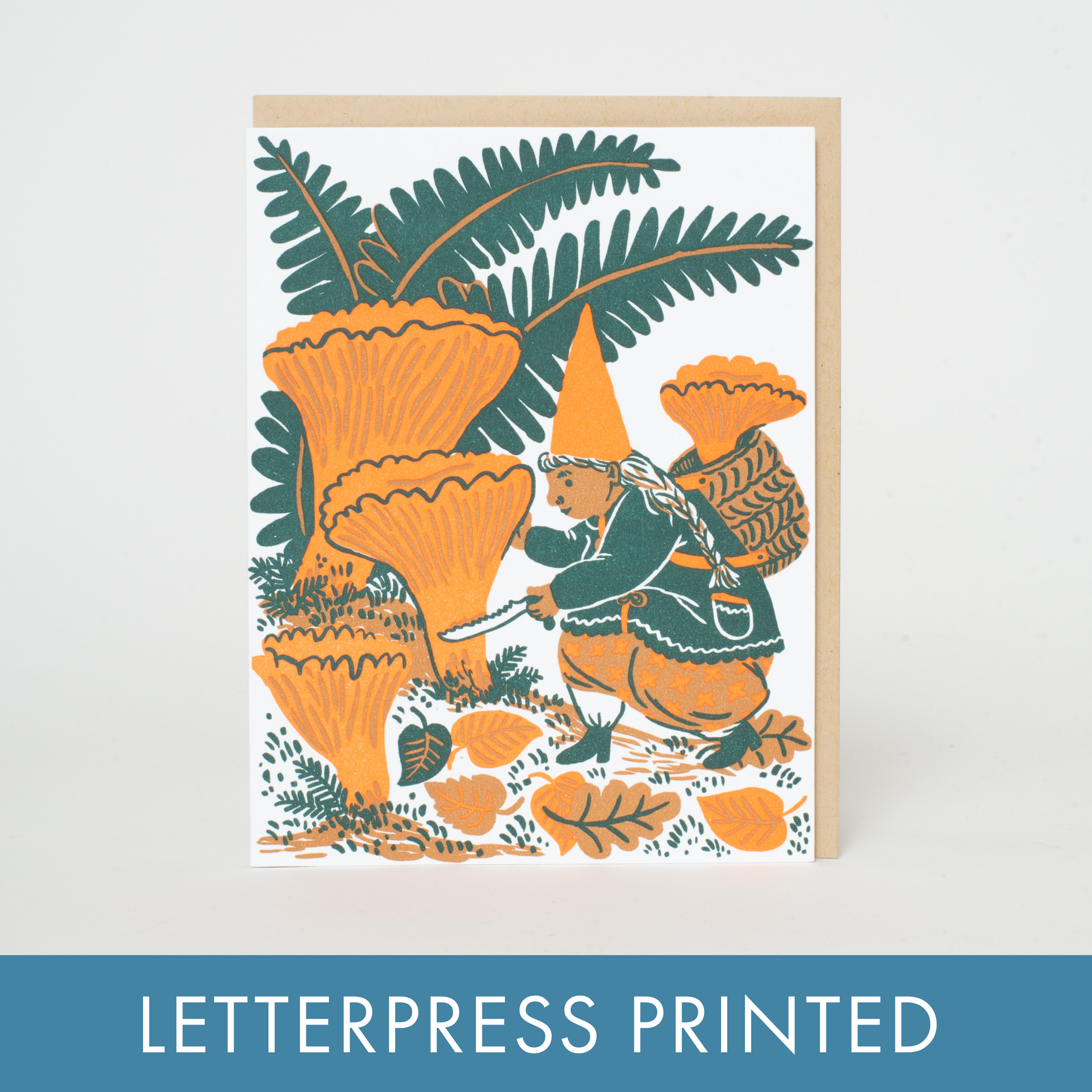 Mushroom Picking Gnome Letterpress Greeting Card by Phoebe Wahl