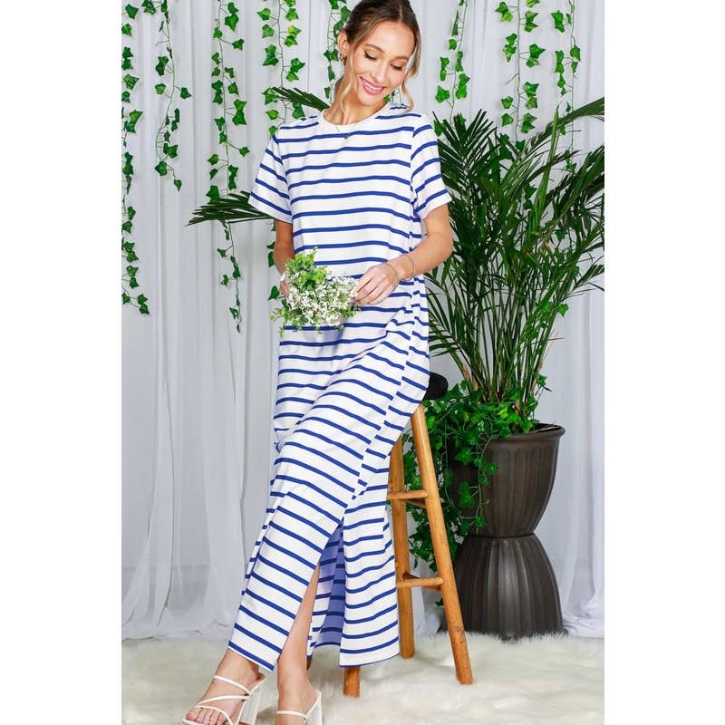 Striped Short Sleeve Maxi Dress with Side Slit