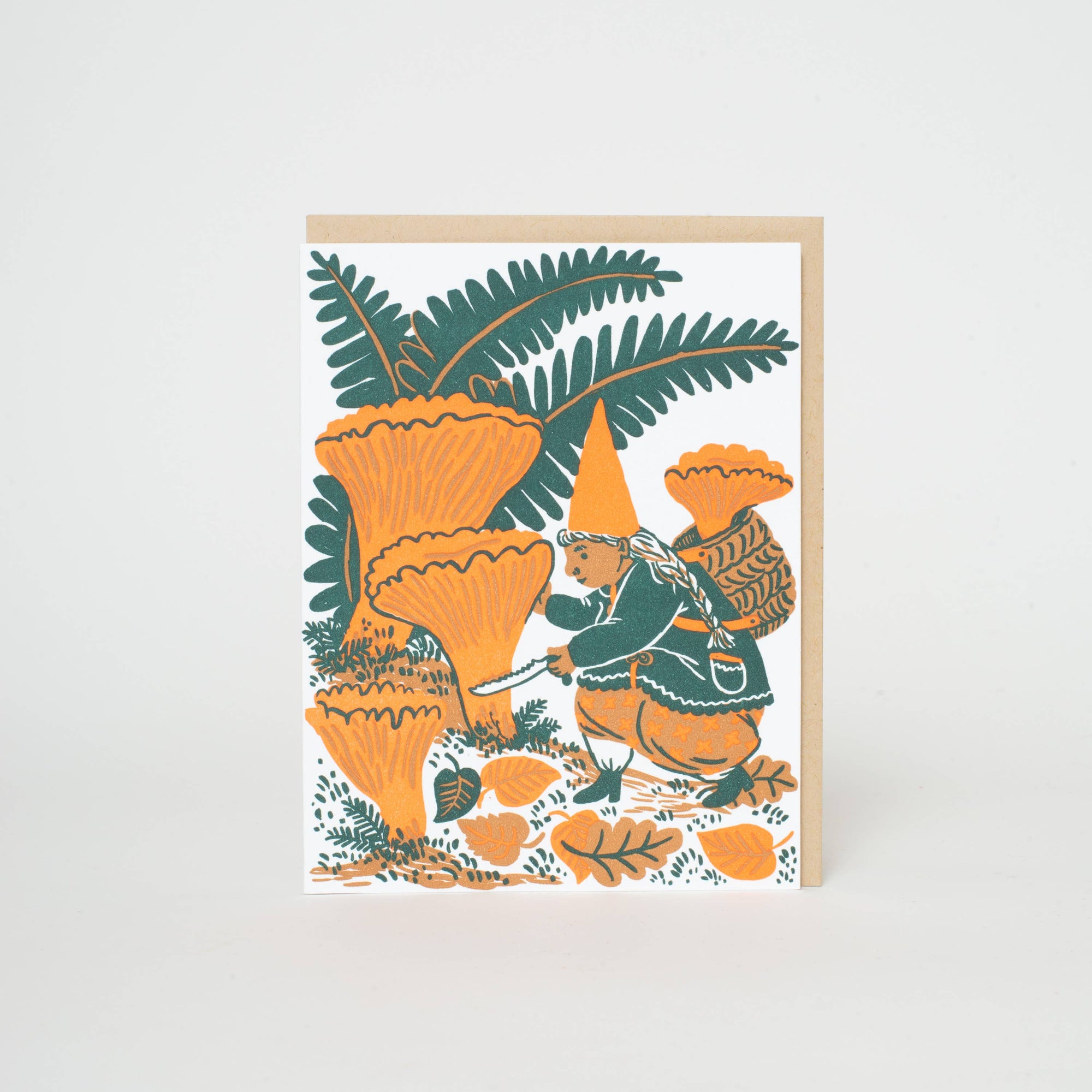 Mushroom Picking Gnome Letterpress Greeting Card by Phoebe Wahl