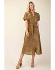 Striped Mandarin Collar Midi Dress with Drawstring