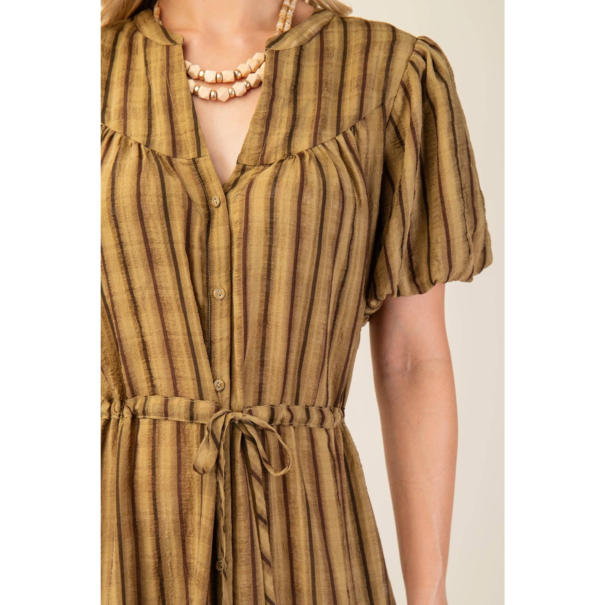 Striped Mandarin Collar Midi Dress with Drawstring