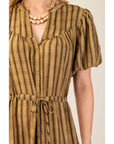 Striped Mandarin Collar Midi Dress with Drawstring